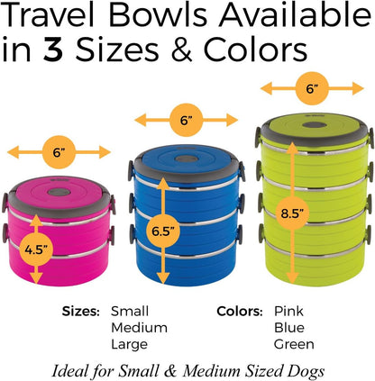 Premium 18/10 stainless steel pet travel containers with pink lids and secure handle