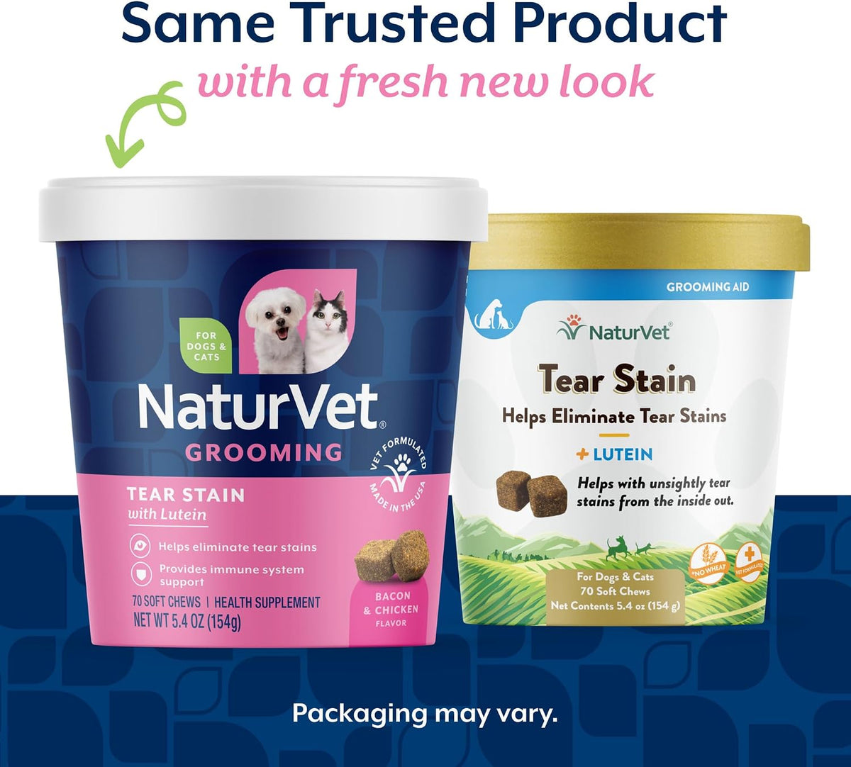 NaturVet pet eye health supplement container showing bacon and chicken flavor label details.