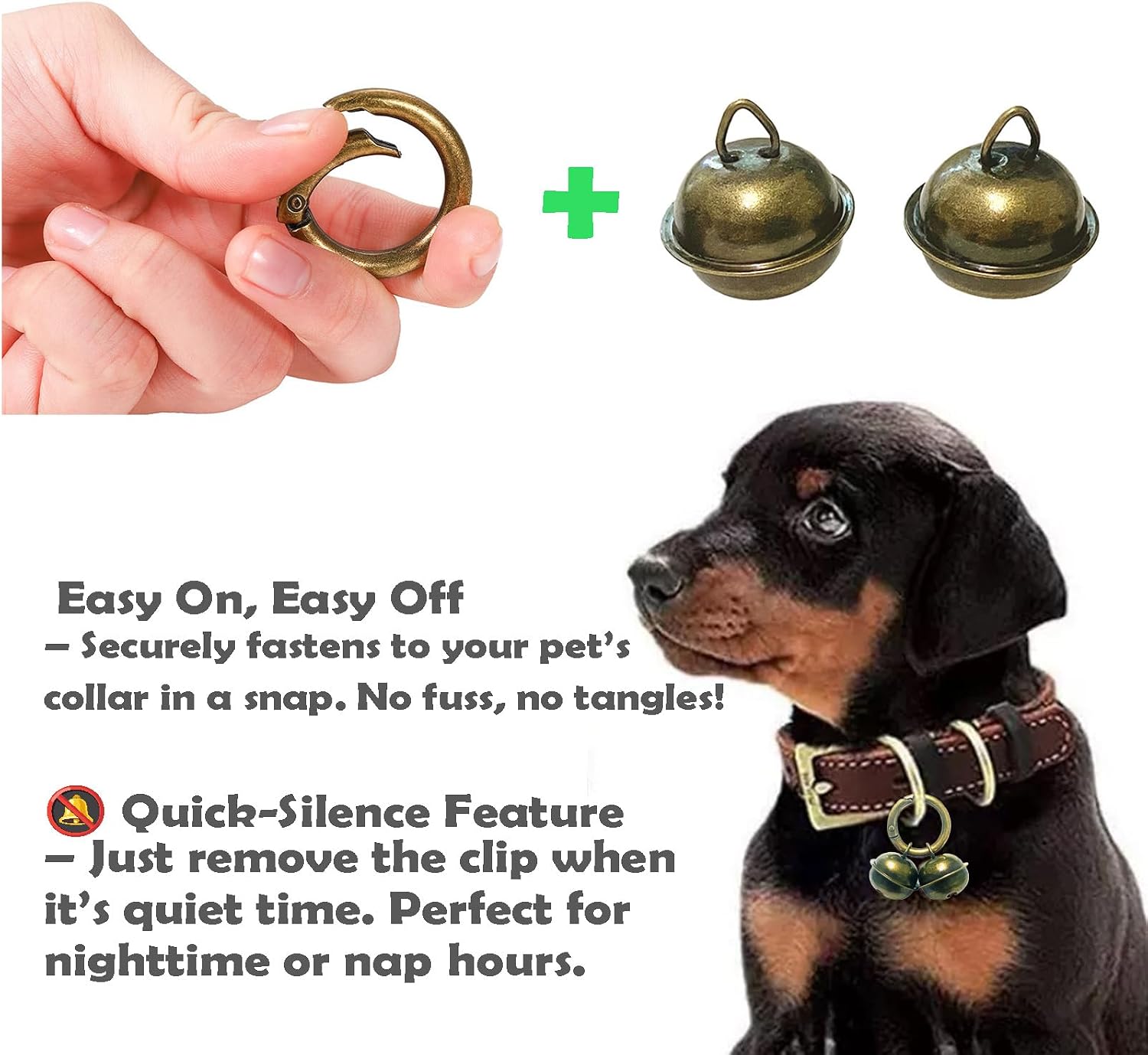 Close up of the quick release spring clips on the extra loud pet safety tracking bells.