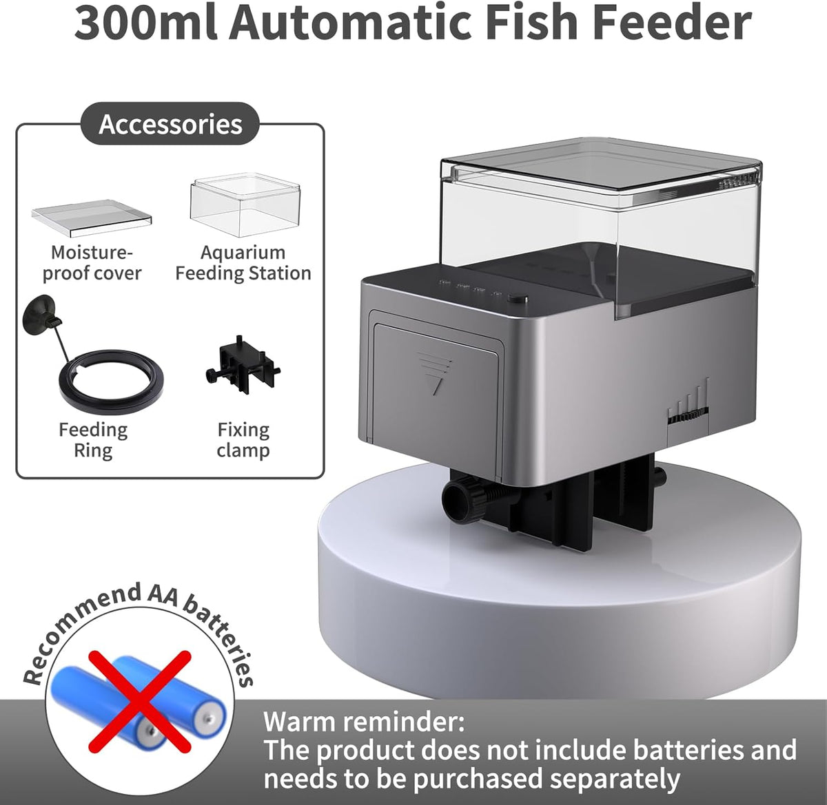 Side profile of the dark gray aquarium vacation timer food dispenser mounted on a glass fish tank.