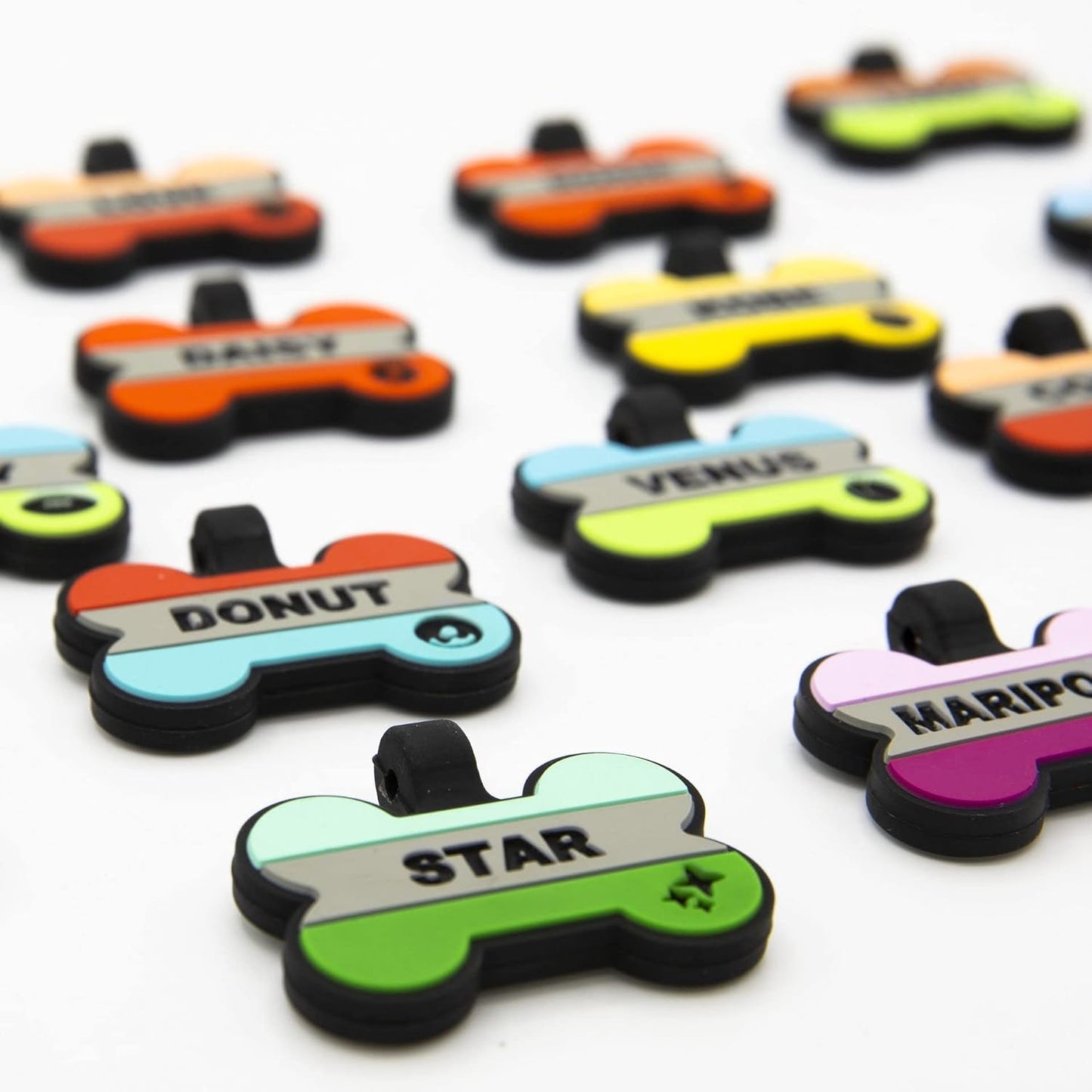 Jingle free pink silicone dog tag with five lines of personalized text