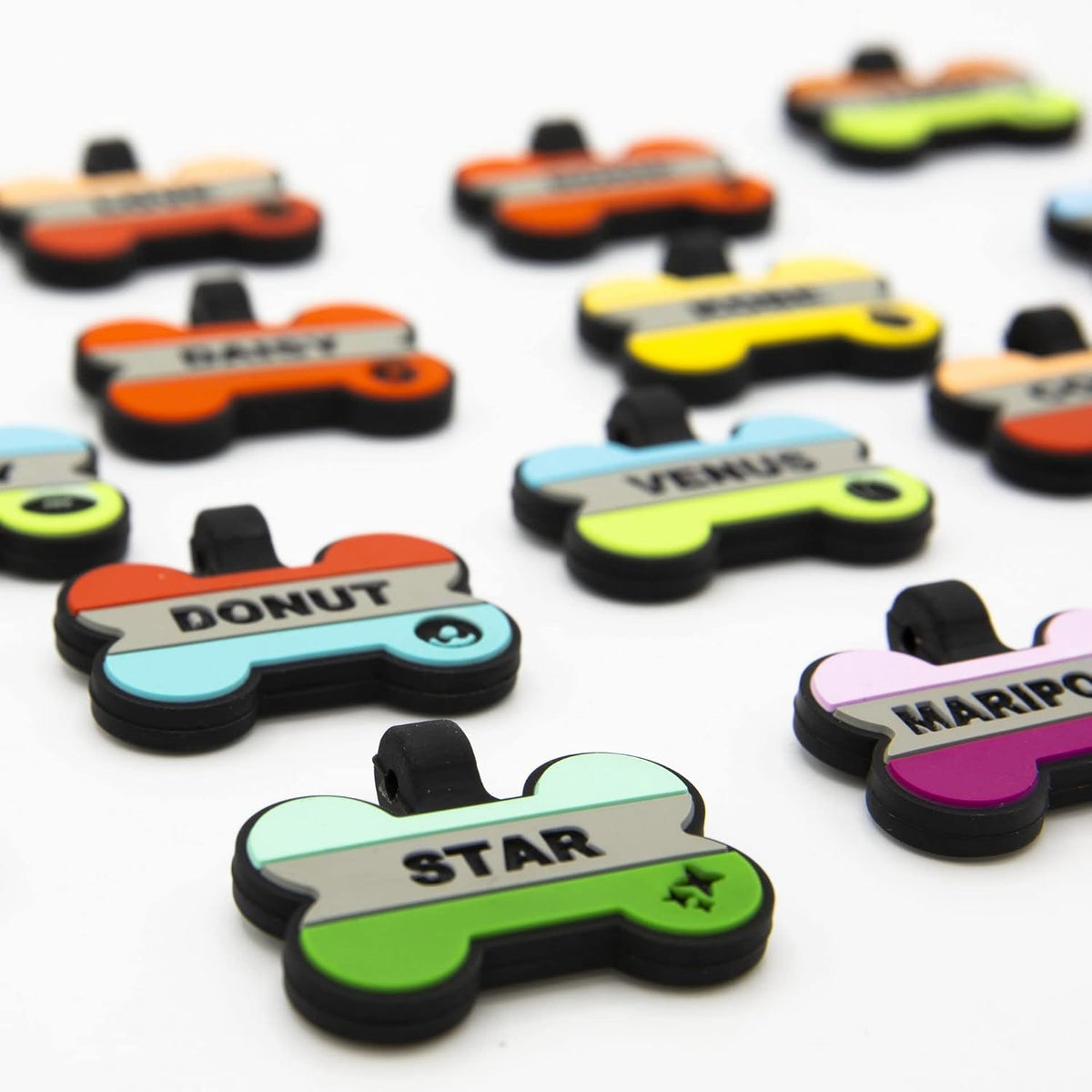 Jingle free pink silicone dog tag with five lines of personalized text