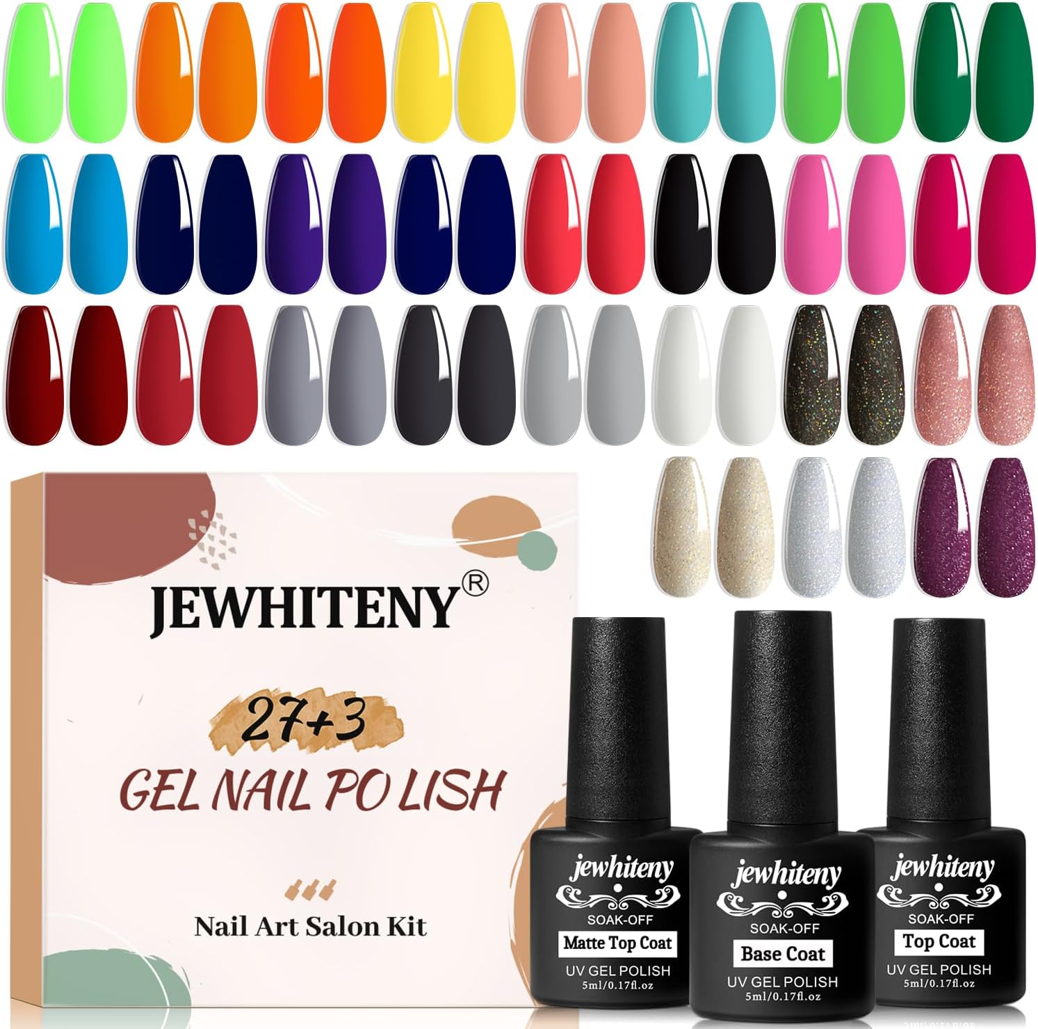 Jewhiteny 30 piece gel nail polish kit front view with 27 colors