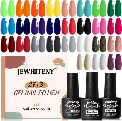 Jewhiteny 30 piece gel nail polish kit front view with 27 colors