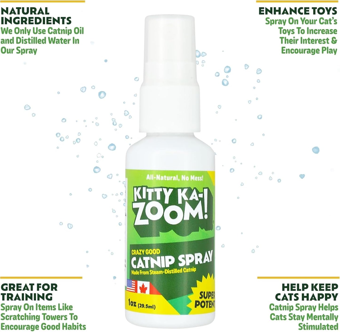 High potency steam distilled catnip spray packaging detail demonstrating the mess free mist applicator nozzle.