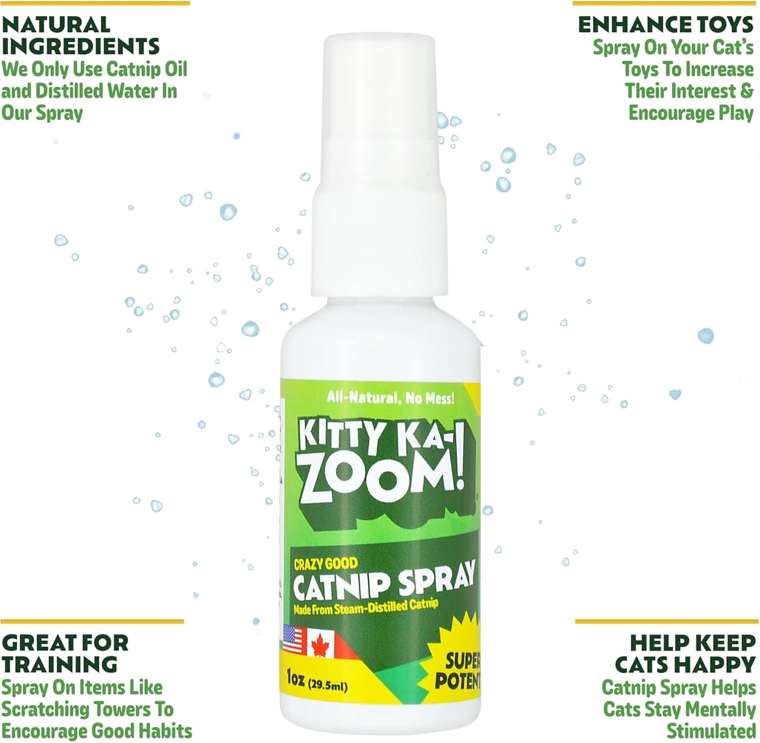 High potency steam distilled catnip spray packaging detail demonstrating the mess free mist applicator nozzle.