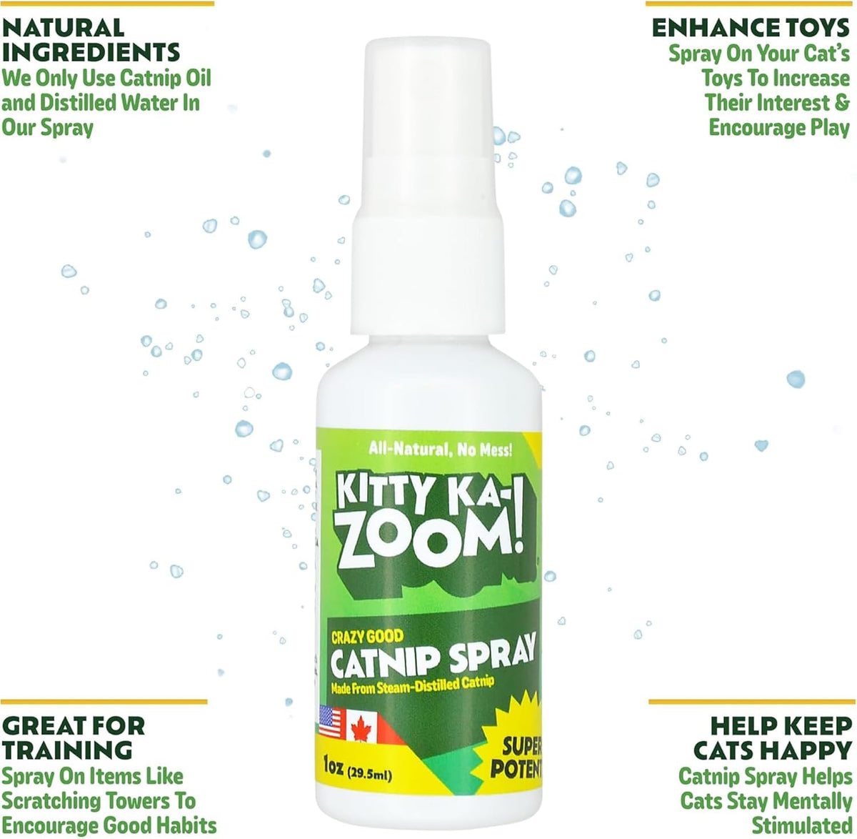 High potency steam distilled catnip spray packaging detail demonstrating the mess free mist applicator nozzle.