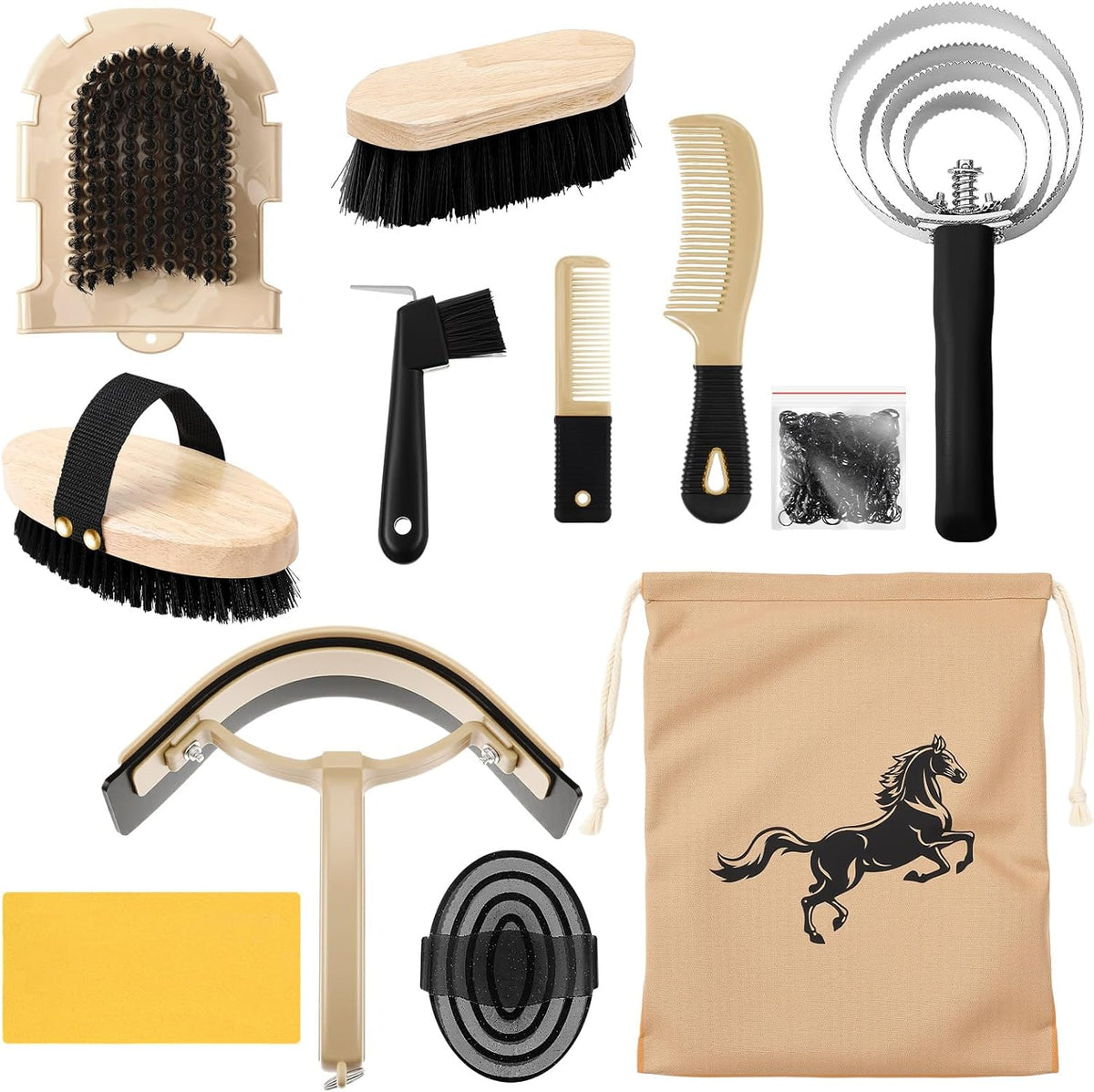Abbylike 12 Pieces Horse Grooming Kit Racing Festival Tack Room Supplies Horse Brush Sets Equine Care Cleaning Kit Shedding Grooming Massaging Tools(Khaki) - Image 12