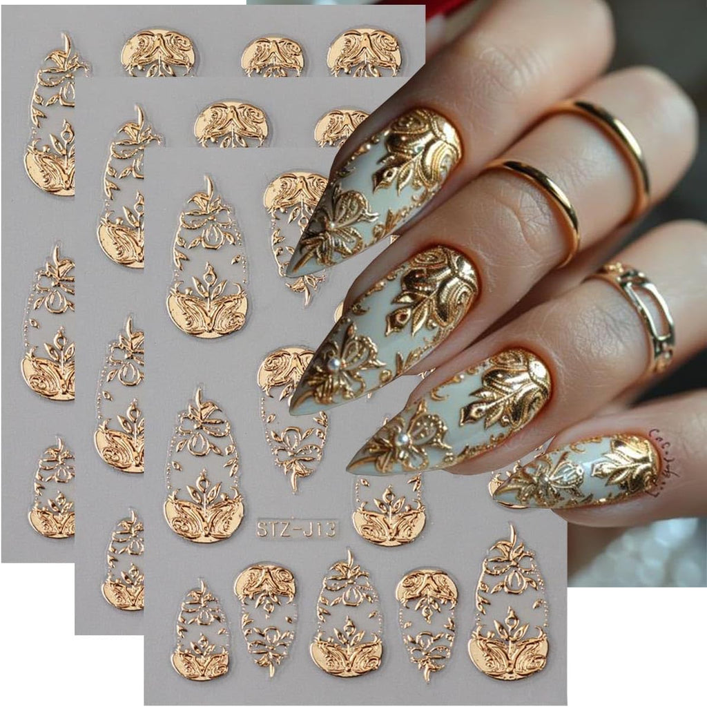 Fbabfbuo gold nail art stickers front view showing 3D embossed golden foil leaf decals