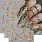 Fbabfbuo gold nail art stickers front view showing 3D embossed golden foil leaf decals