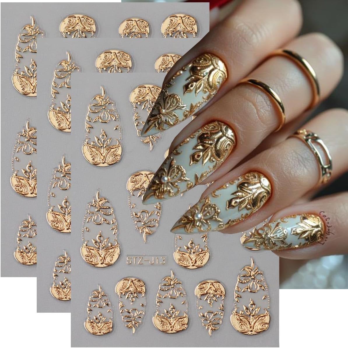 Fbabfbuo gold nail art stickers 3D leaf decals front view set