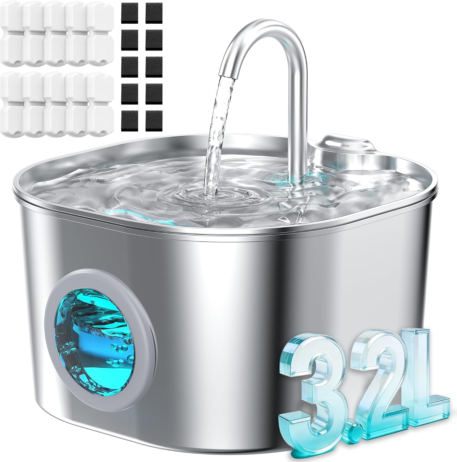 Cat Water Fountain with 8 Filters + 5 Sponges,Small Pet Waterer Dispenser Fountains for Drinking Cats Indoor Metal Automatic Waterer Bowl 24/7 Running Auto Kitty Watering Supplies Quiet Pump - Image 12