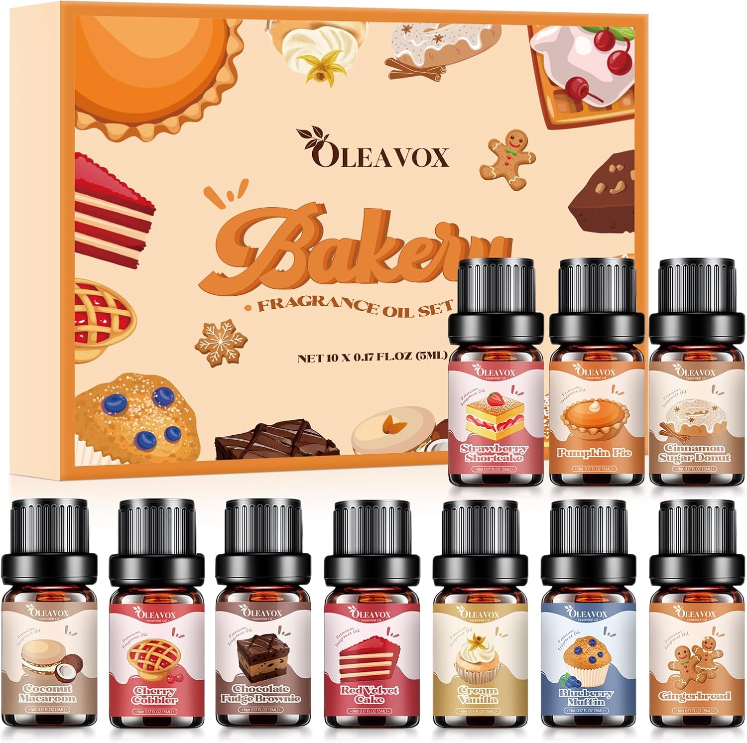 OleaVox Bakery Essential Oils Set front view of ten bottles in gift box