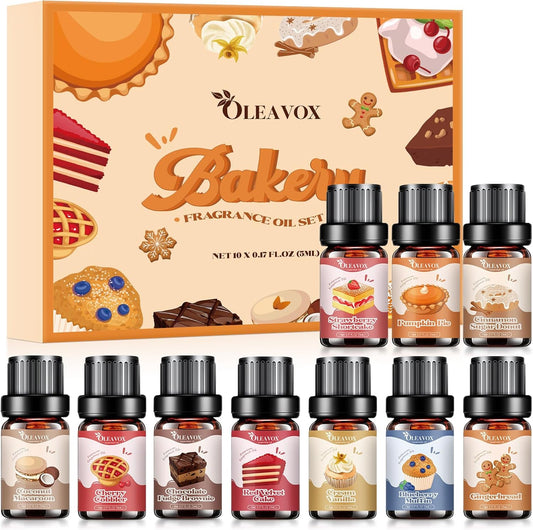 OleaVox Bakery Essential Oils Set front view of ten bottles in gift box