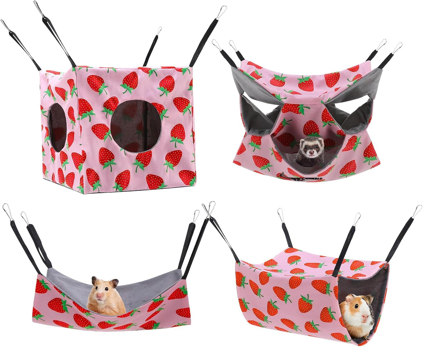 Guiqulai ferret hammock four pack front view featuring pink strawberry pattern cage accessories