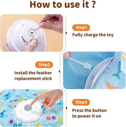 Smart automatic moving cat toy in standby mode with purple indicator light flashing.