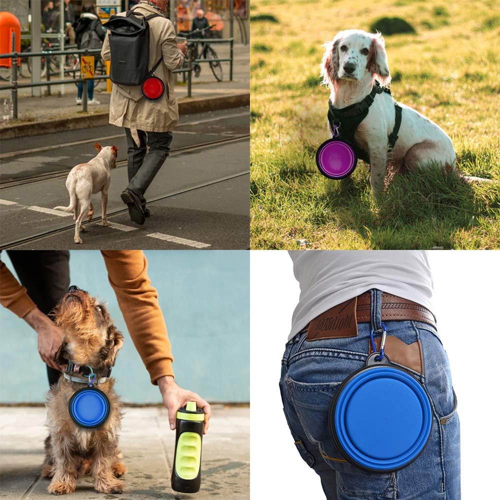 Guardians portable dog water bowl set with metal carabiner clips attached to a backpack
