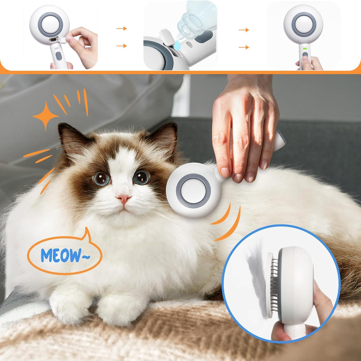 Close-up of the 140 curved massage bristles on the pet comb