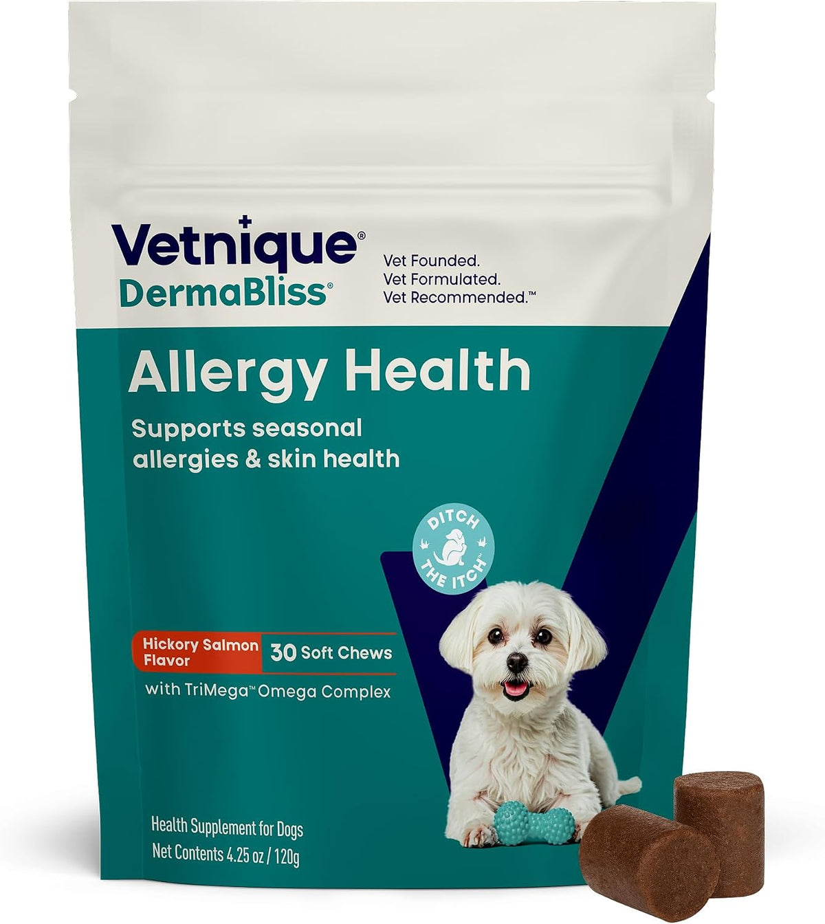 Vetnique DermaBliss Vet-Formulated Dog Allergy Chews for Seasonal Itch Relief, Skin, Coat & Gut Health, Omega 3 + Probiotic Anti-Itch Soft Chew Supplement for Dogs (60ct, Regular Strength Chews) - Image 15
