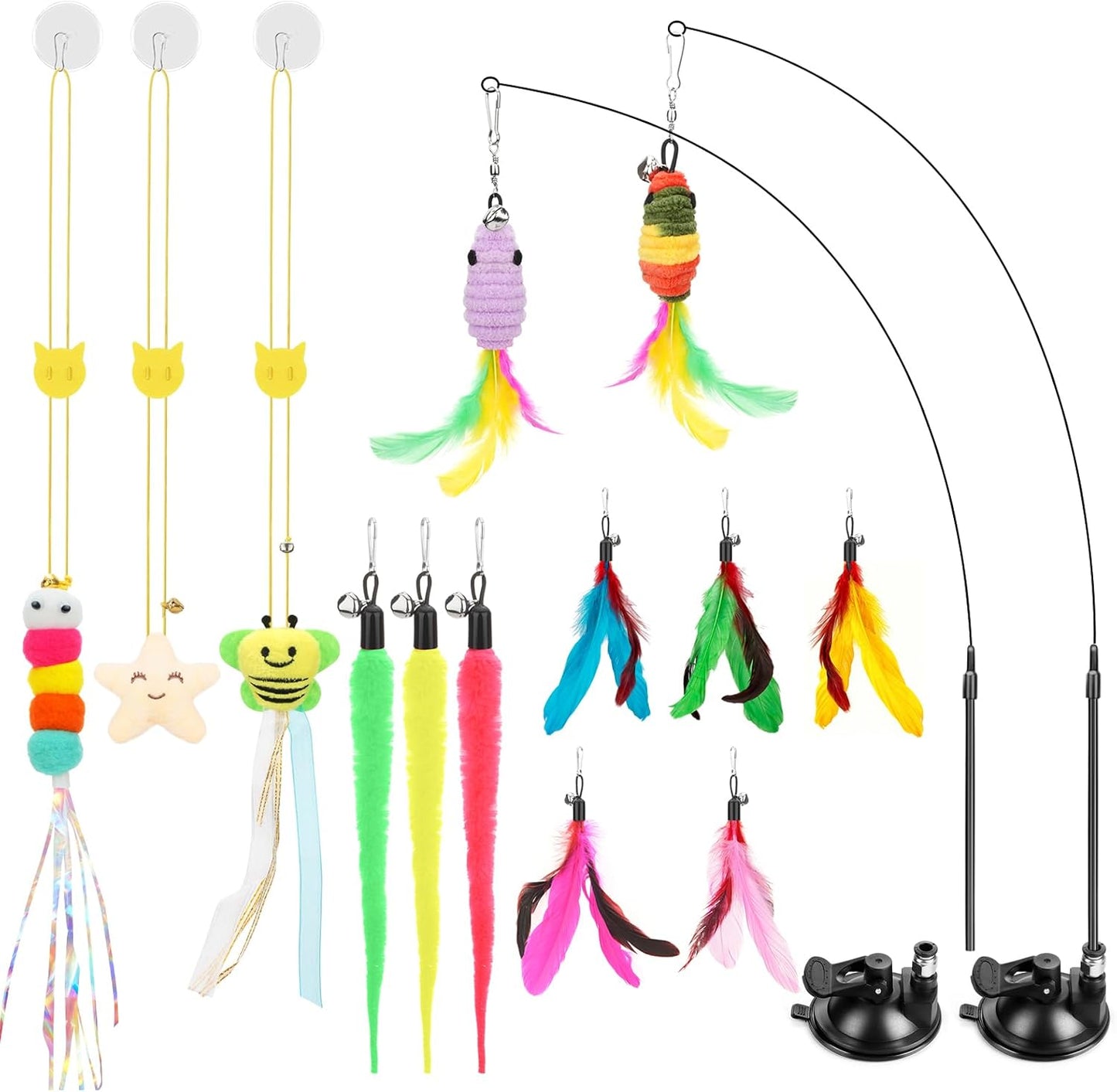 Blink Bounce Atosun interactive cat toys 15 piece set displaying wands and attachments.