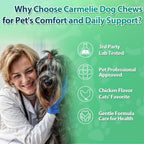 Carmelie flea oral supplement packaging illustrating safe pest defense for all dog breeds and life stages