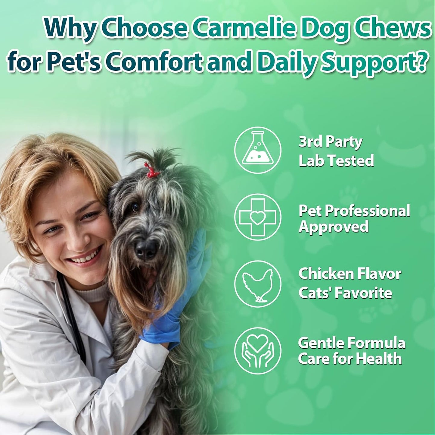 Carmelie flea oral supplement packaging illustrating safe pest defense for all dog breeds and life stages