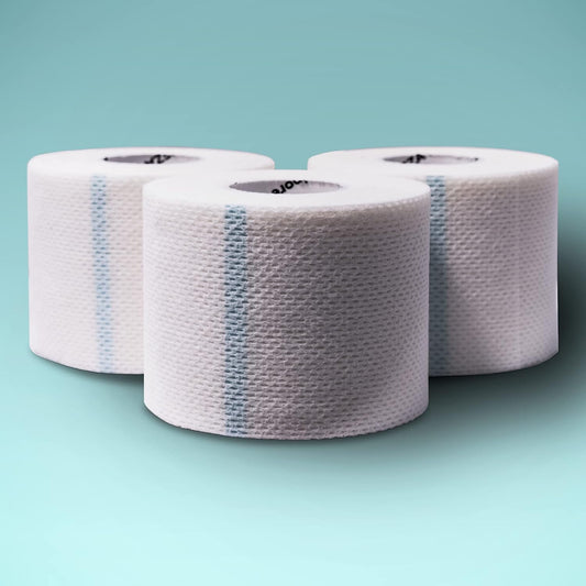 Areza Medical Fabripore surgical tape front view showing three premium cloth rolls in box packaging