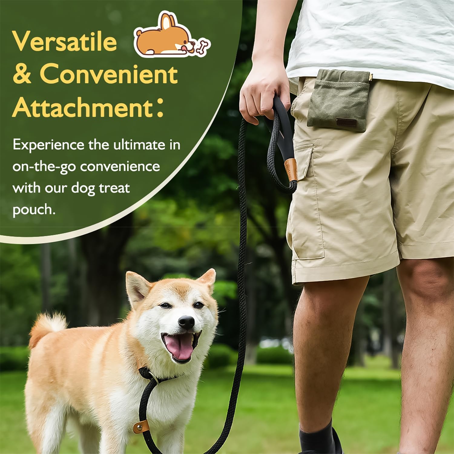 ETIAL hands free pet walking reward pocket attached via carabiner clip to a belt loop.