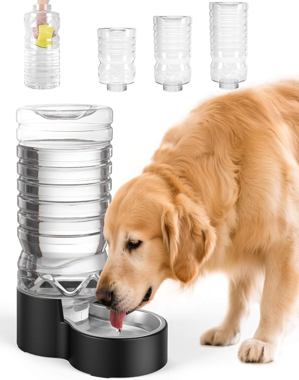 Heouvo automatic dog water dispenser front view showcasing the large gravity reservoir and stainless steel bowl.