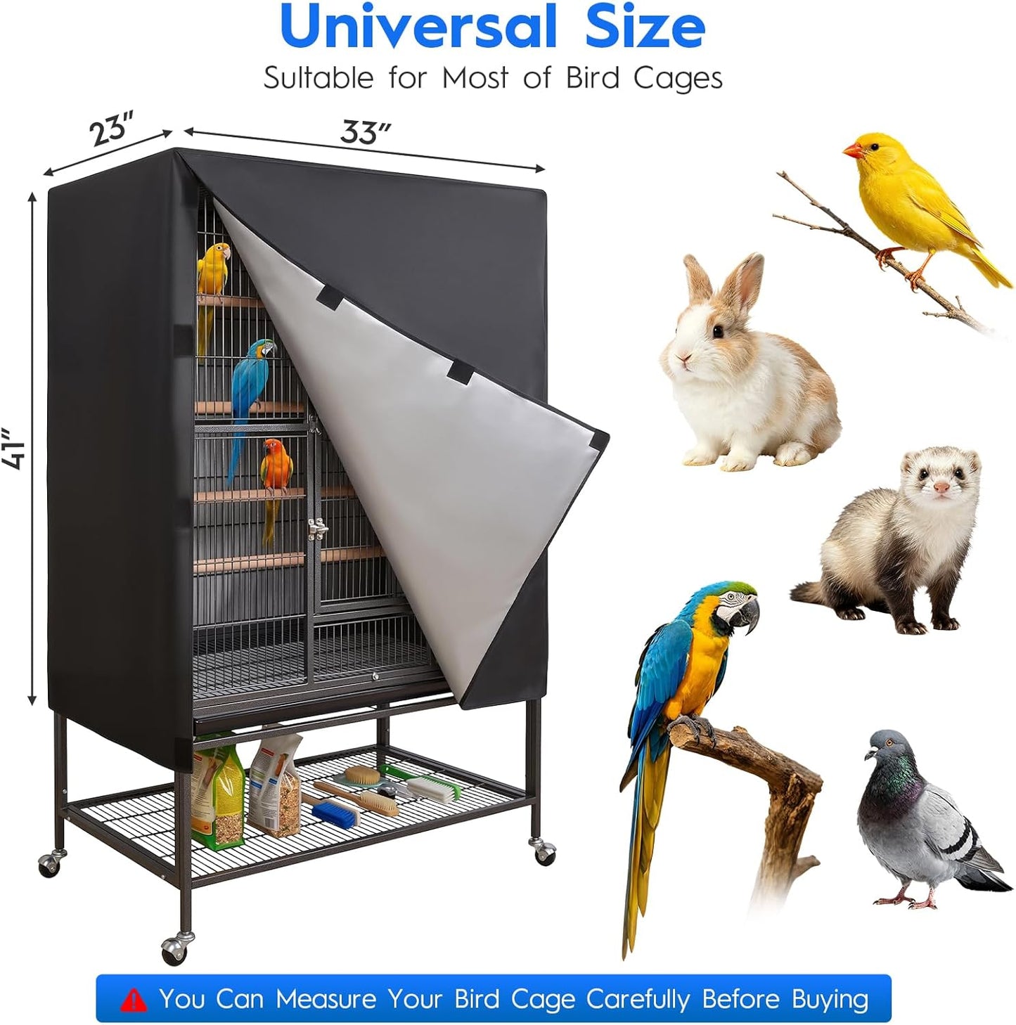 Heavy duty waterproof birdcage cover with front panel open for parakeets