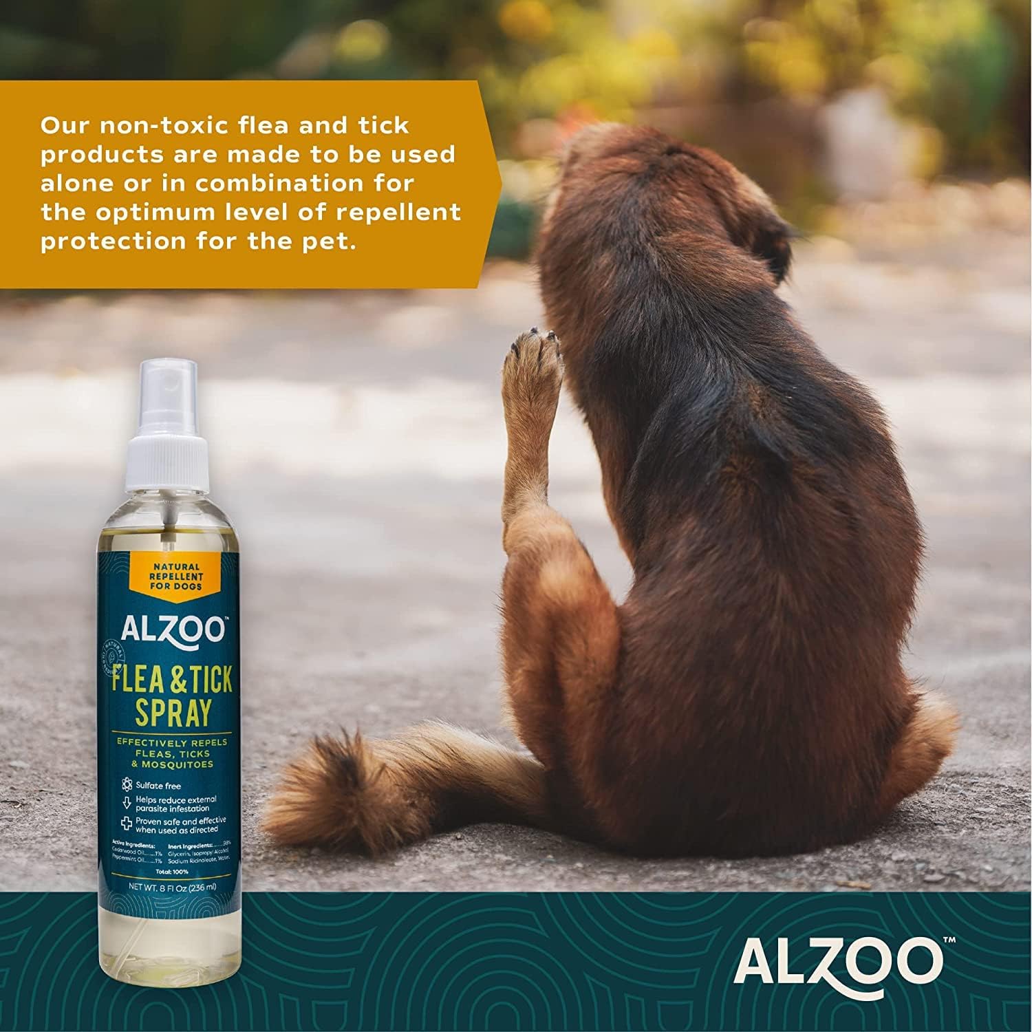 Back label of Alzoo natural flea and tick dog spray