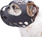 Barkless short snout dog muzzle front view on a French Bulldog showing breathable silicone basket structure