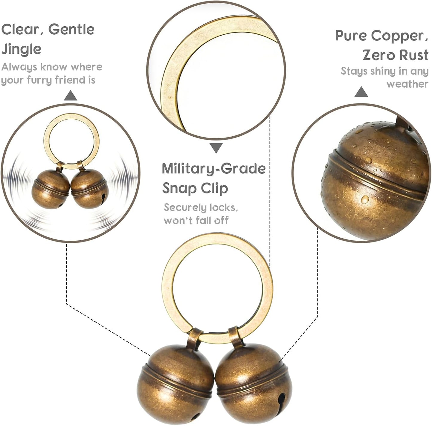 Kittail vintage bronze pet tracking bells attached to a standard pet collar D ring