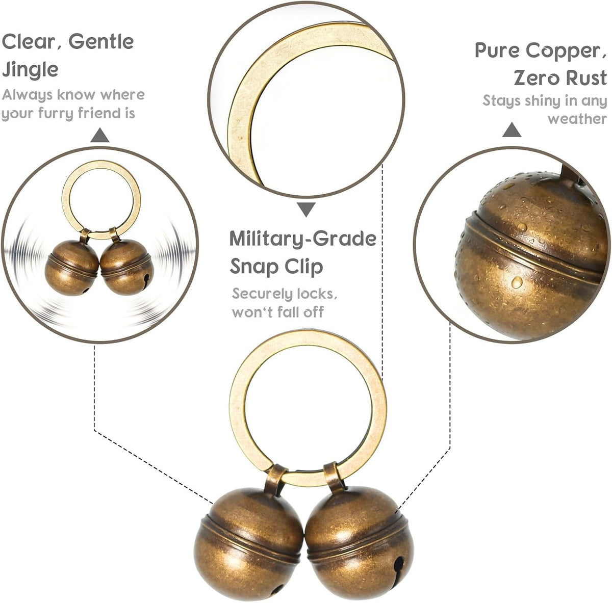 Kittail vintage bronze pet tracking bells attached to a standard pet collar D ring