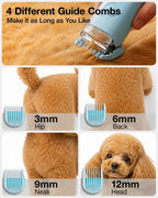 Dog being groomed with the PETGUGU deshedding vacuum brush attachment to reduce flying hair