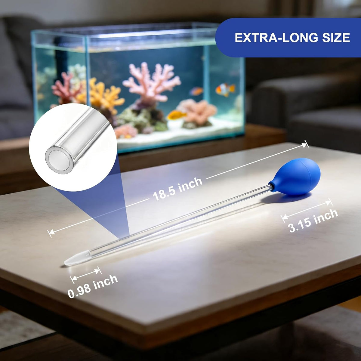 Wrexon 18.5 inch aquarium spot feeding tube showing precise rubber bulb suction control.