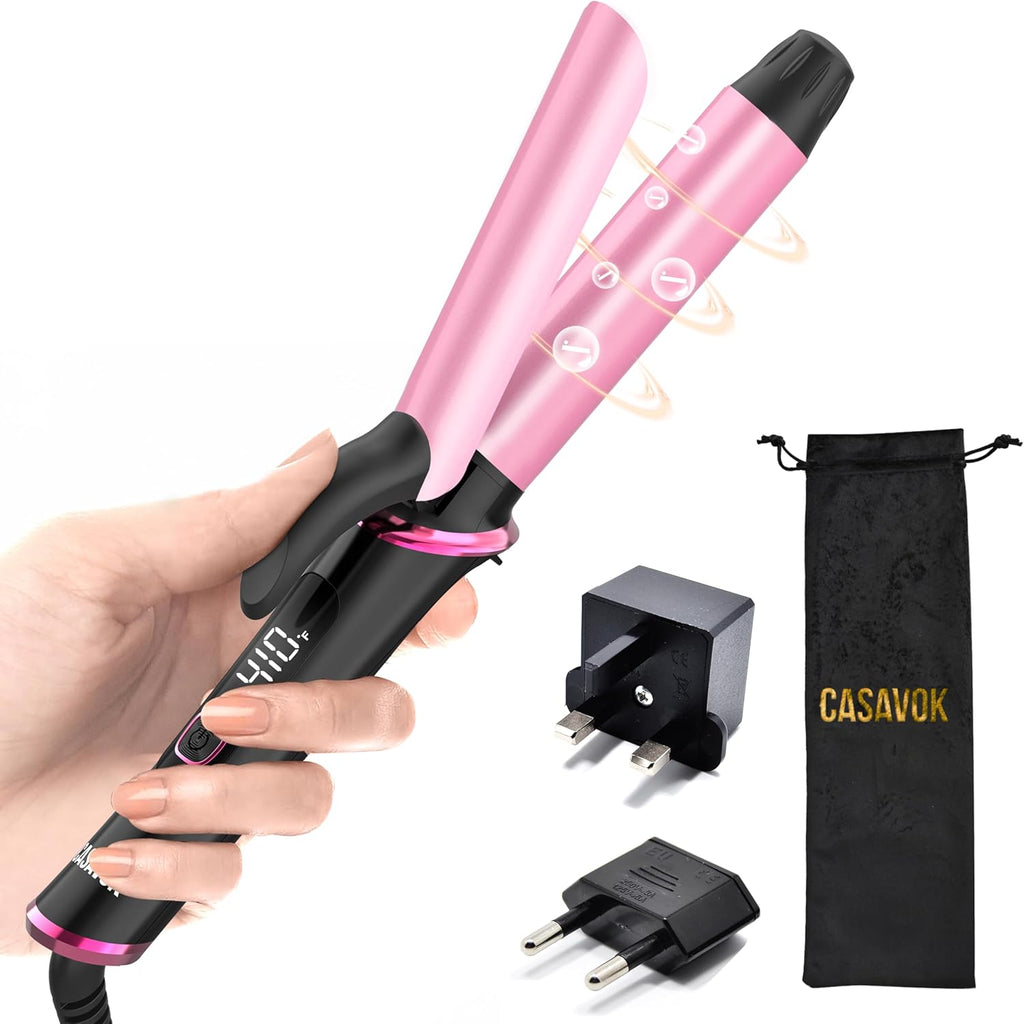 Casavok mini curling iron for travel front view in rose powder pink showing digital temperature display screen