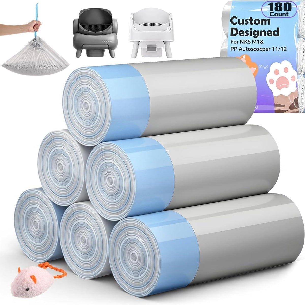 120 Count Automatic Cat Litter Box Liners Bags Compatible with NeakasaM1 Petpivot Autoscooper 11/12 and Similar Open-Top Self-Cleaning Cat Litter Box, Drawstring Handle Heavy Duty Leak-proof, 27*13in - Image 11