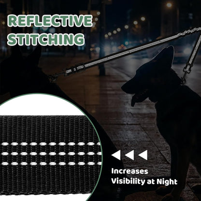 LEOSASA dual dog leash connected to a car seatbelt receiver demonstrating pet travel safety.