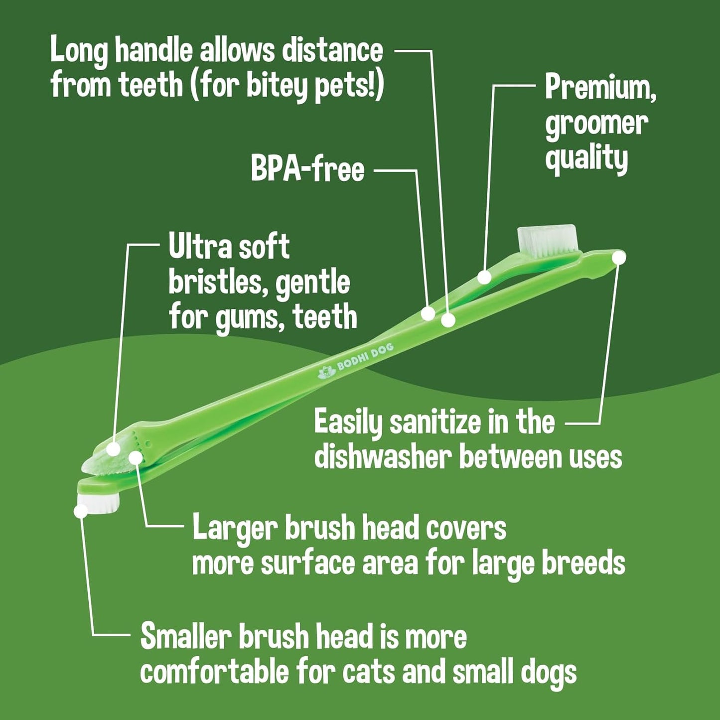Close up view of the green dual ended pet toothbrush showing soft bristles.
