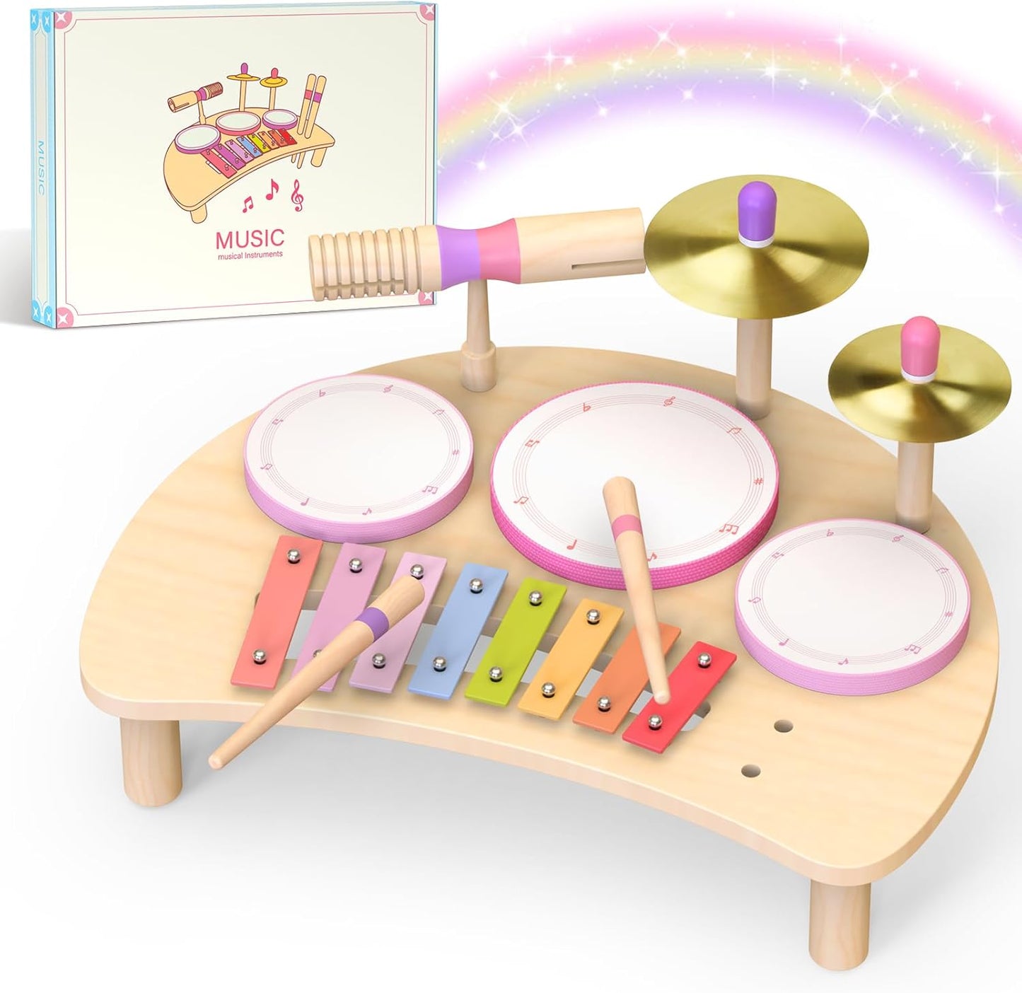 Rmischolar Toddlers Wooden Montessori Musical Drum Set front view showcasing pink drums and rainbow xylophone.