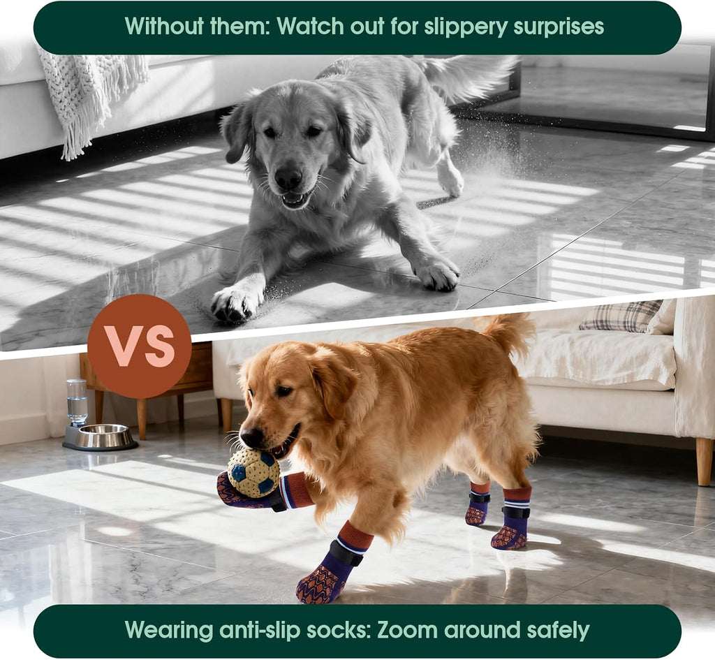 Dog wearing Kuoser paw protector socks on hardwood floor