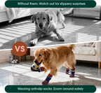 Dog wearing Kuoser paw protector socks on hardwood floor