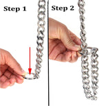Heavy duty silver dog choke chain laid out to demonstrate the eighteen inch maximum size capacity.