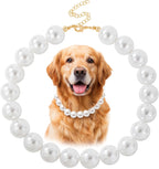 Side angle view of the KYNOX chunky pink pearl pet necklace demonstrating its lightweight construction for large dogs.