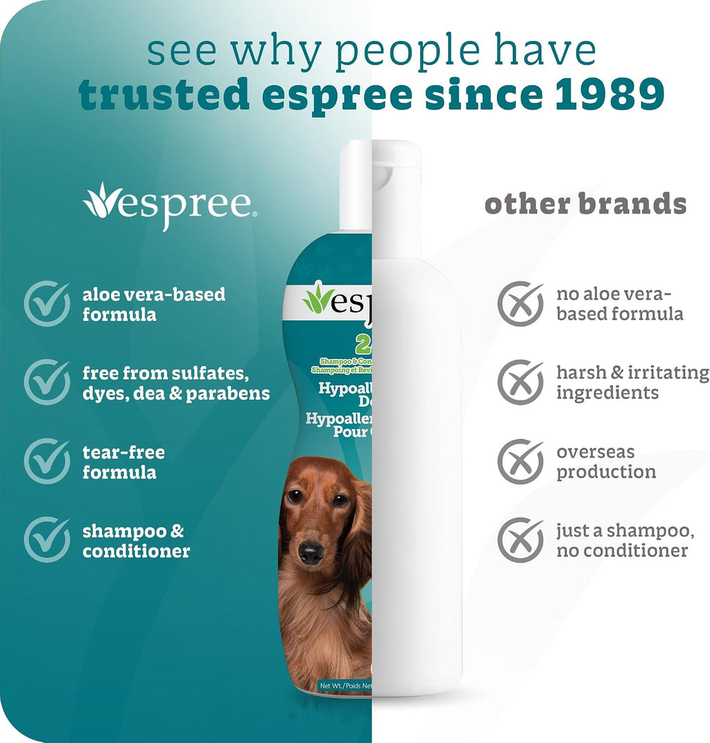 Premium USA imported Espree dog grooming shampoo for pets with seasonal allergies.