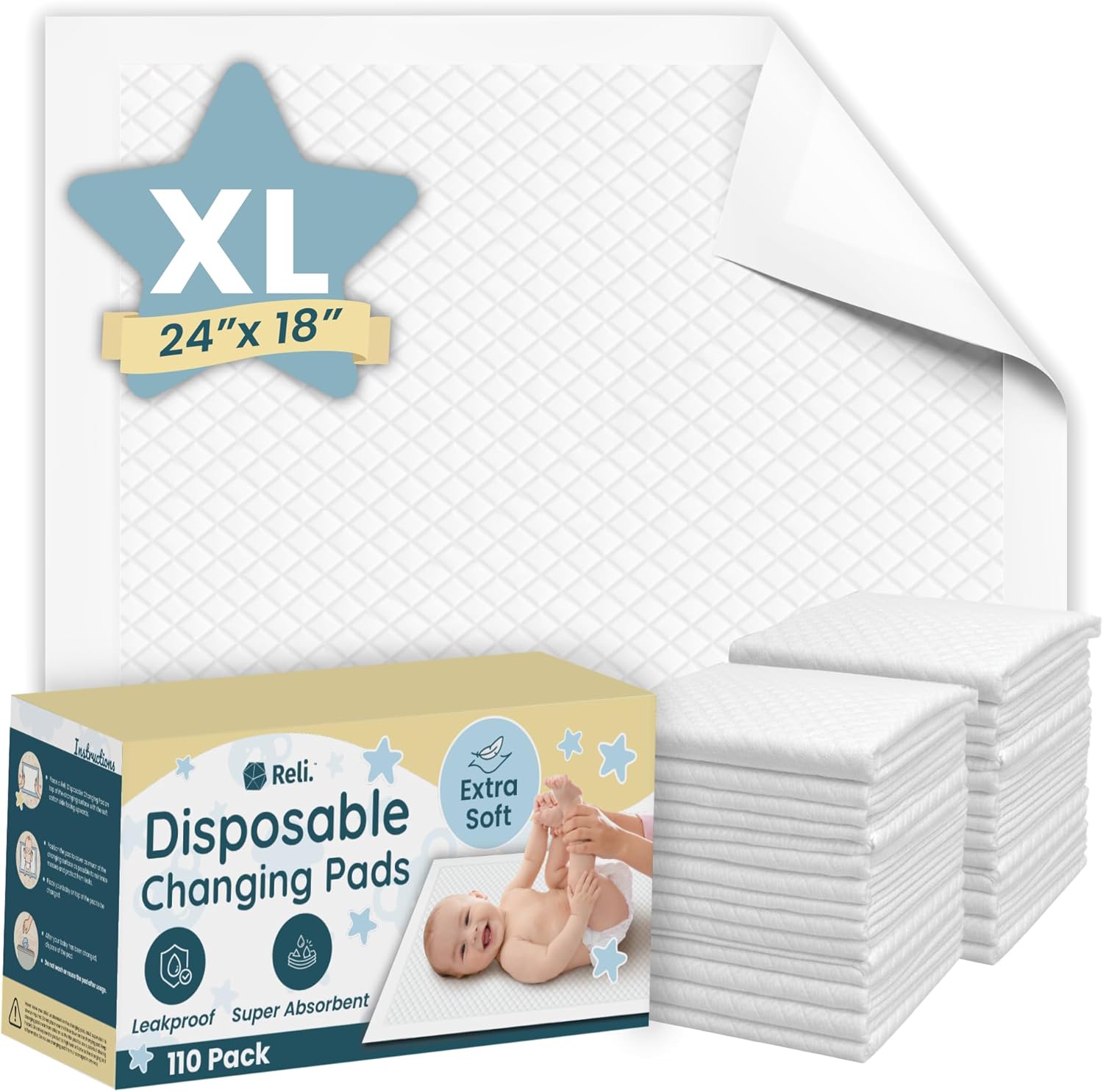 Reli Premium XL disposable baby changing pad liners front packaging view