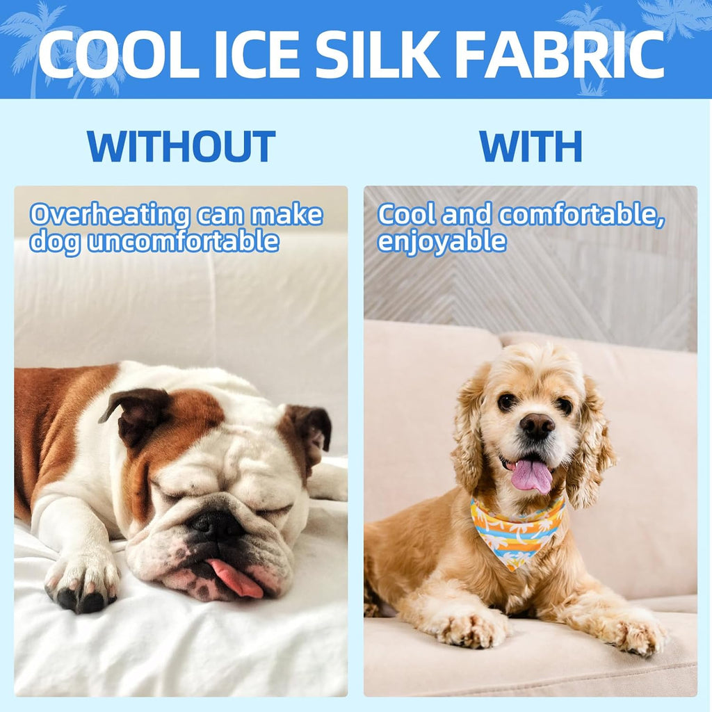 Four distinct colorful pet summer bandanas laid out flat showcasing designs
