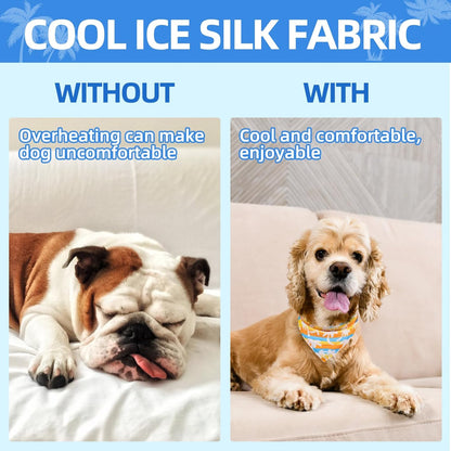 Four distinct colorful pet summer bandanas laid out flat showcasing designs