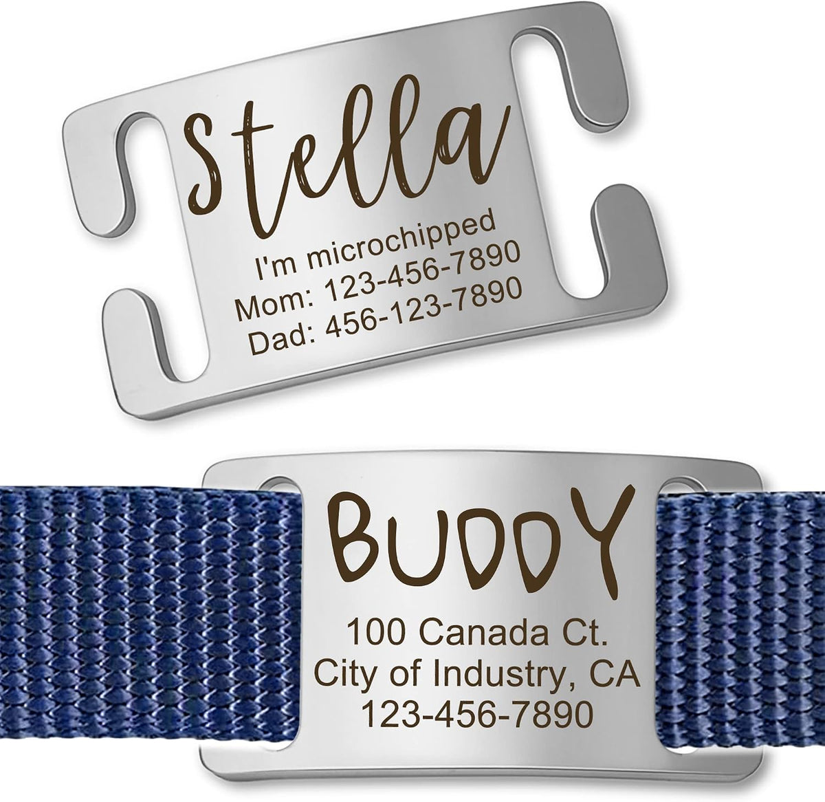 Anavia slide on silent pet ID tag front view showing glossy silver stainless steel finish